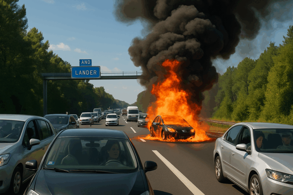 Accident spectaculaire sur l’A63 dans les Landes provoque un incendie et des embouteillages conséquents